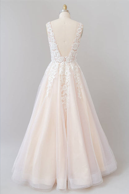 Long A-line V-neck Appliques Lace Tulle Backless Wedding Dress