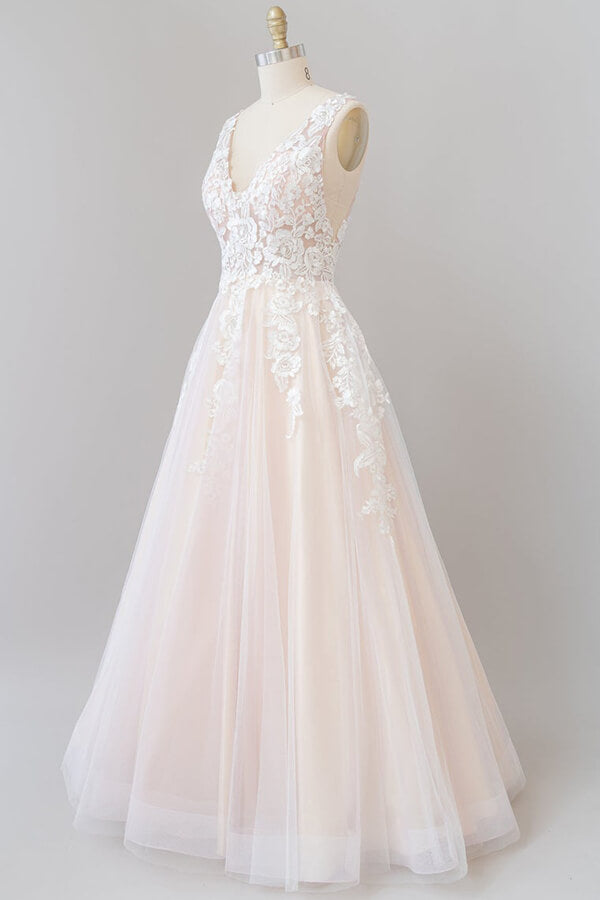 Robe de mariée longue en ligne A, col en V, appliques en dentelle, tulle, dos nu