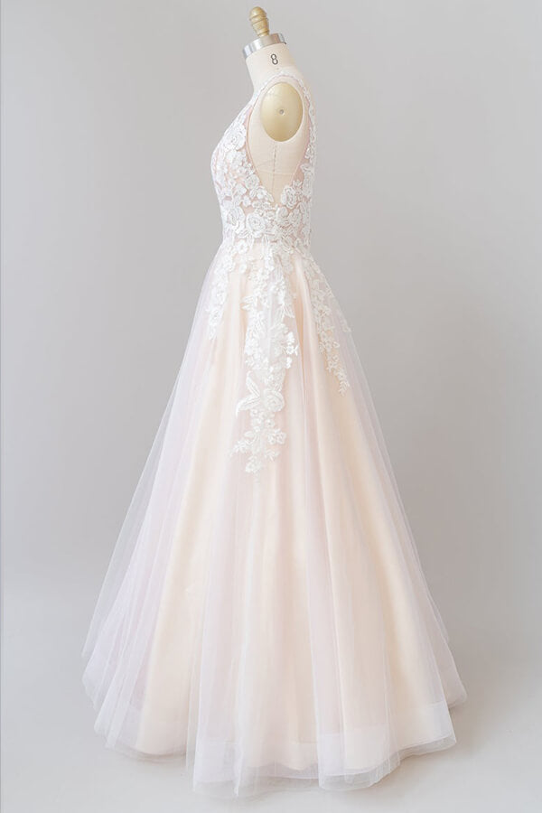 Robe de mariée longue en ligne A, col en V, appliques en dentelle, tulle, dos nu