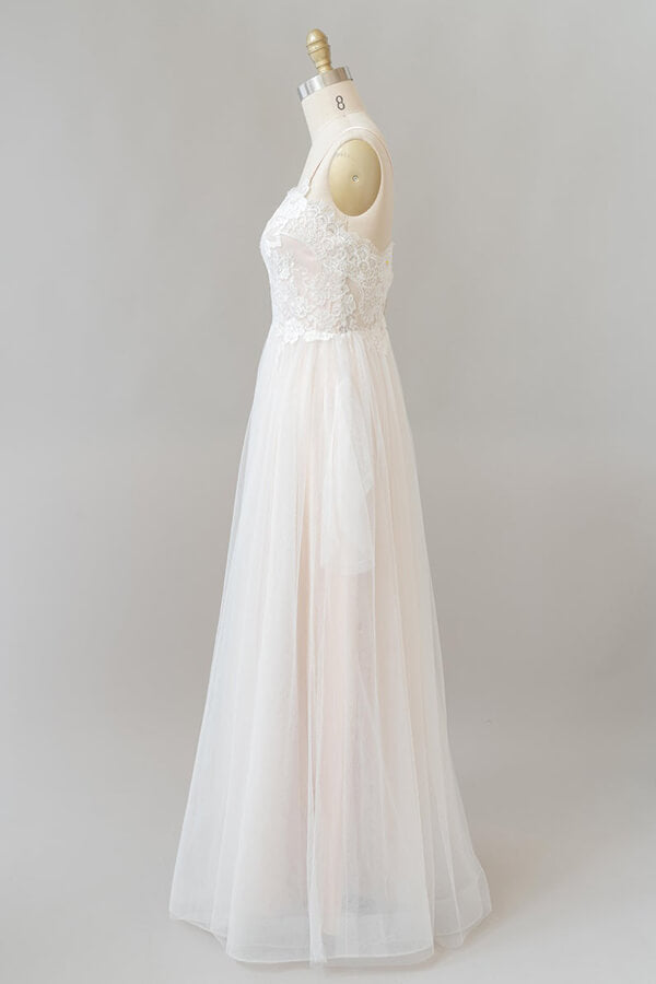 Robe de mariée longue en ligne A, col en V, appliques en dentelle, tulle, dos nu