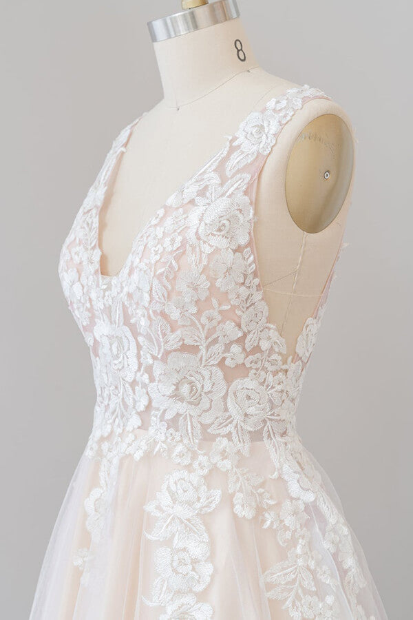 Long A-line V-neck Appliques Lace Tulle Backless Wedding Dress