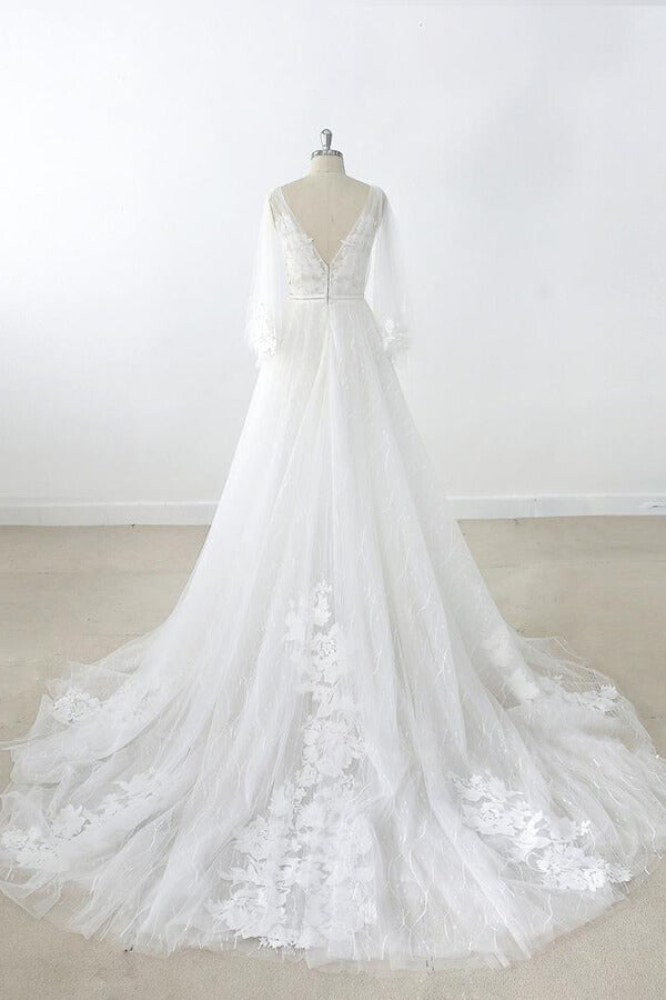 Vestido de novia largo de tul con escote en V, apliques de encaje y espalda descubierta con mangas