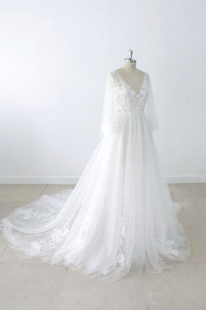 Vestido de novia largo de tul con escote en V, apliques de encaje y espalda descubierta con mangas