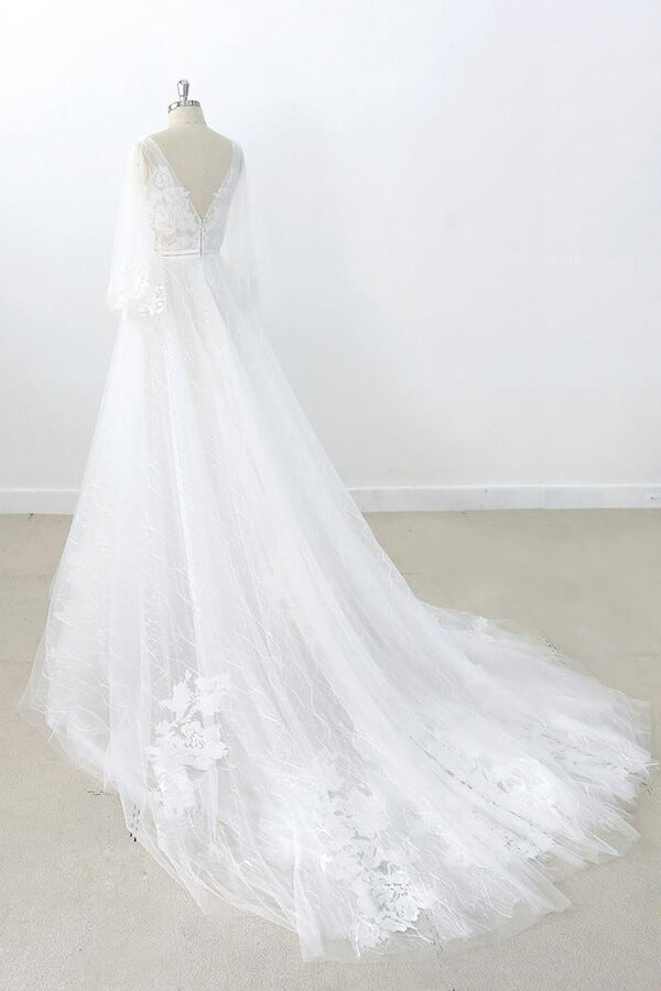Vestido de novia largo de tul con escote en V, apliques de encaje y espalda descubierta con mangas