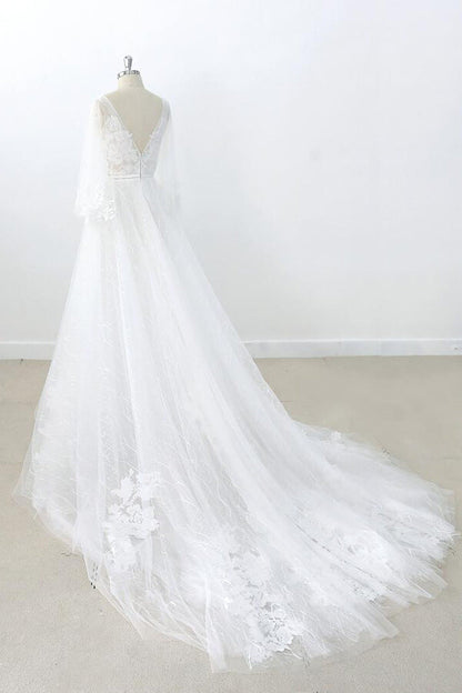 Vestido de novia largo de tul con escote en V, apliques de encaje y espalda descubierta con mangas