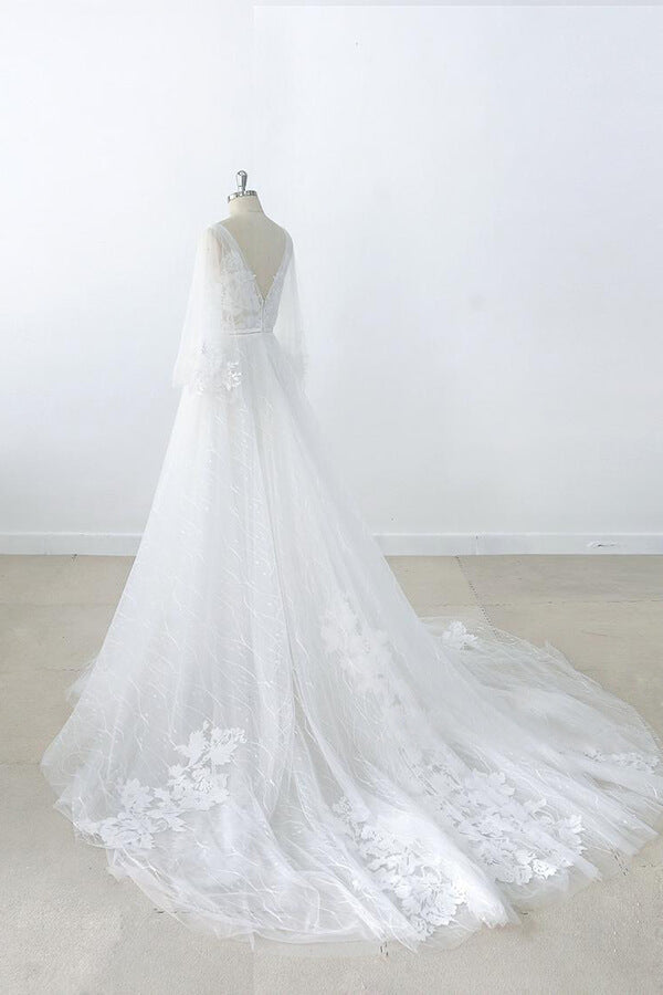 Vestido de novia largo de tul con escote en V, apliques de encaje y espalda descubierta con mangas