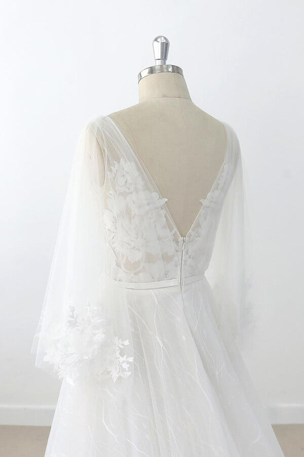 Vestido de novia largo de tul con escote en V, apliques de encaje y espalda descubierta con mangas