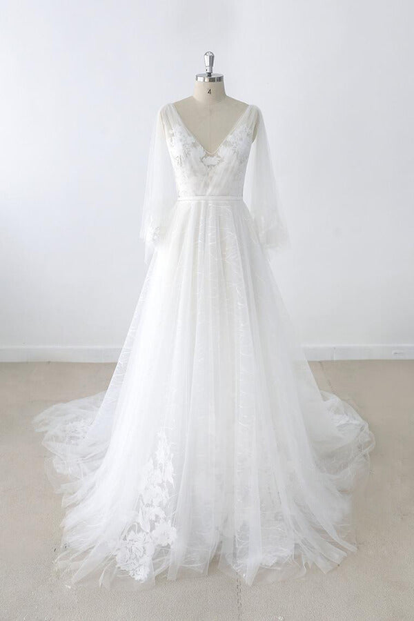 Vestido de novia largo de tul con escote en V, apliques de encaje y espalda descubierta con mangas