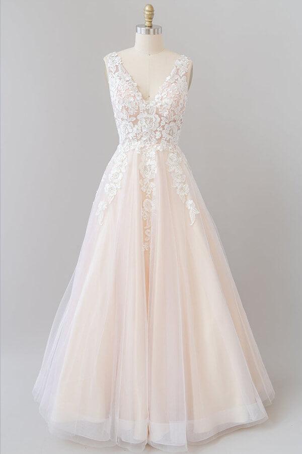 Robe de mariée longue en ligne A, col en V, appliques en dentelle, tulle, dos nu