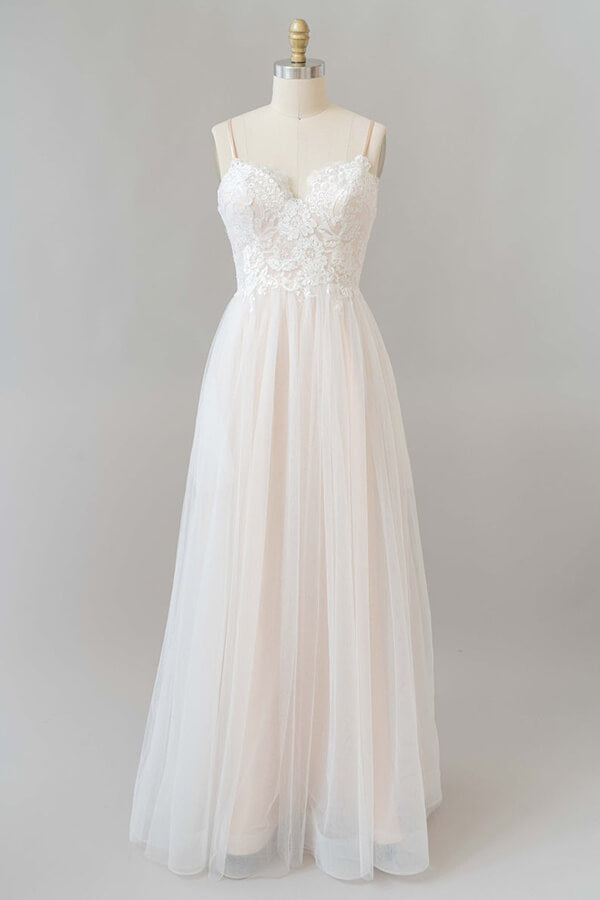Robe de mariée longue en ligne A, col en V, appliques en dentelle, tulle, dos nu