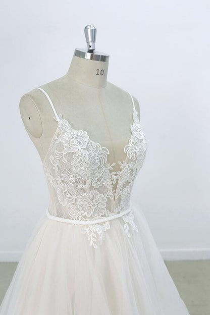 Long A-line V-neck Appliques Lace Tulle Wedding Dress