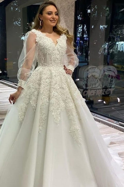 Long A-Line V-neck Appliques Lace Tulle Wedding Dress With Puffy Long Sleeves
