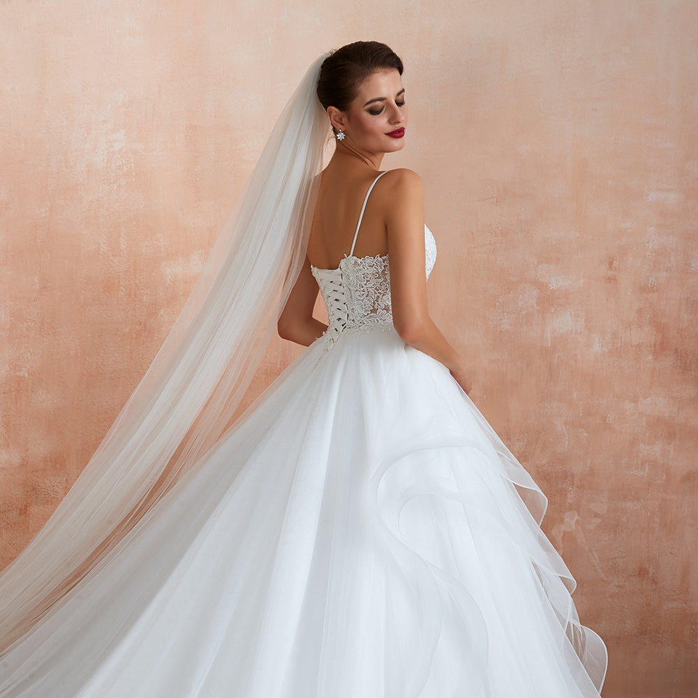 Robe de mariée longue en tulle avec appliques, en ligne A et col en V