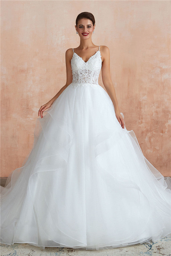 Robe de mariée longue en tulle avec appliques, en ligne A et col en V