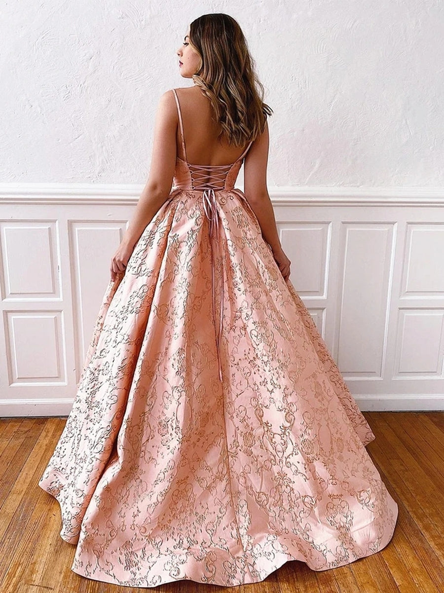 Vestidos de baile compridos em linha A com decote em V, costas descobertas e renda, com corpete nas costas
