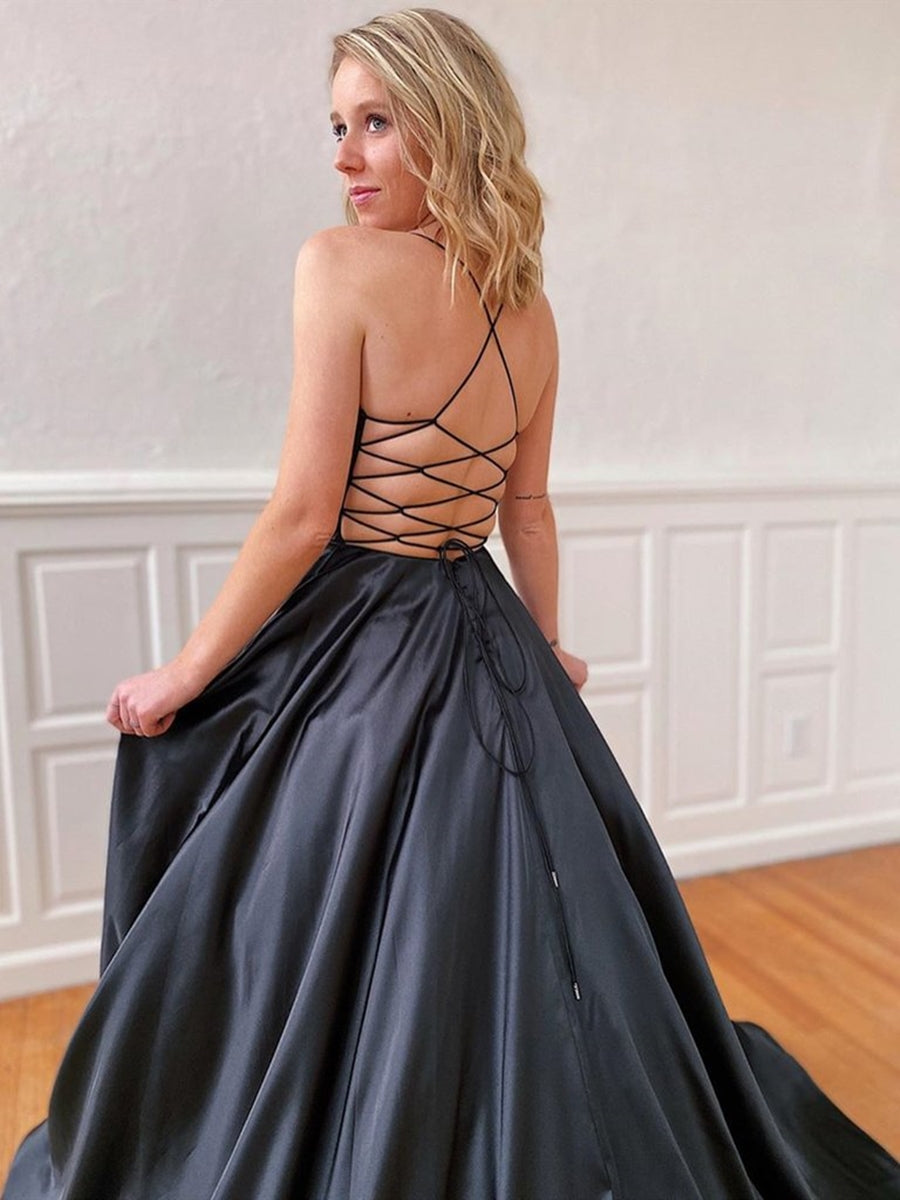 Long A-line V-neck Backless Satin Prom Dresses Black Open Back Formal Gowns