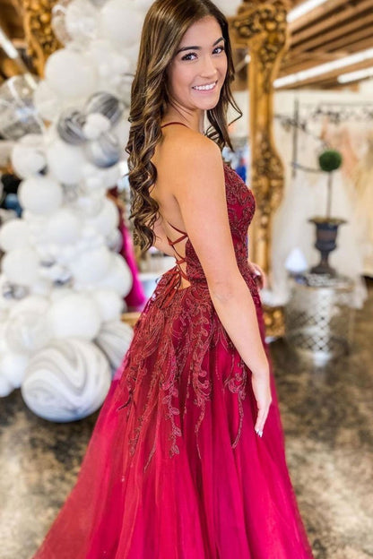 Long A-line V Neck Backless Tulle Lace Prom Formal Evening Dress with Slit