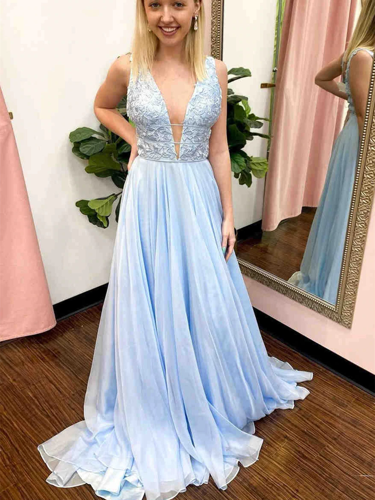Vestido longo de festa com decote em V, renda de chiffon, azul celeste, formal para formatura e cerimónias à noite