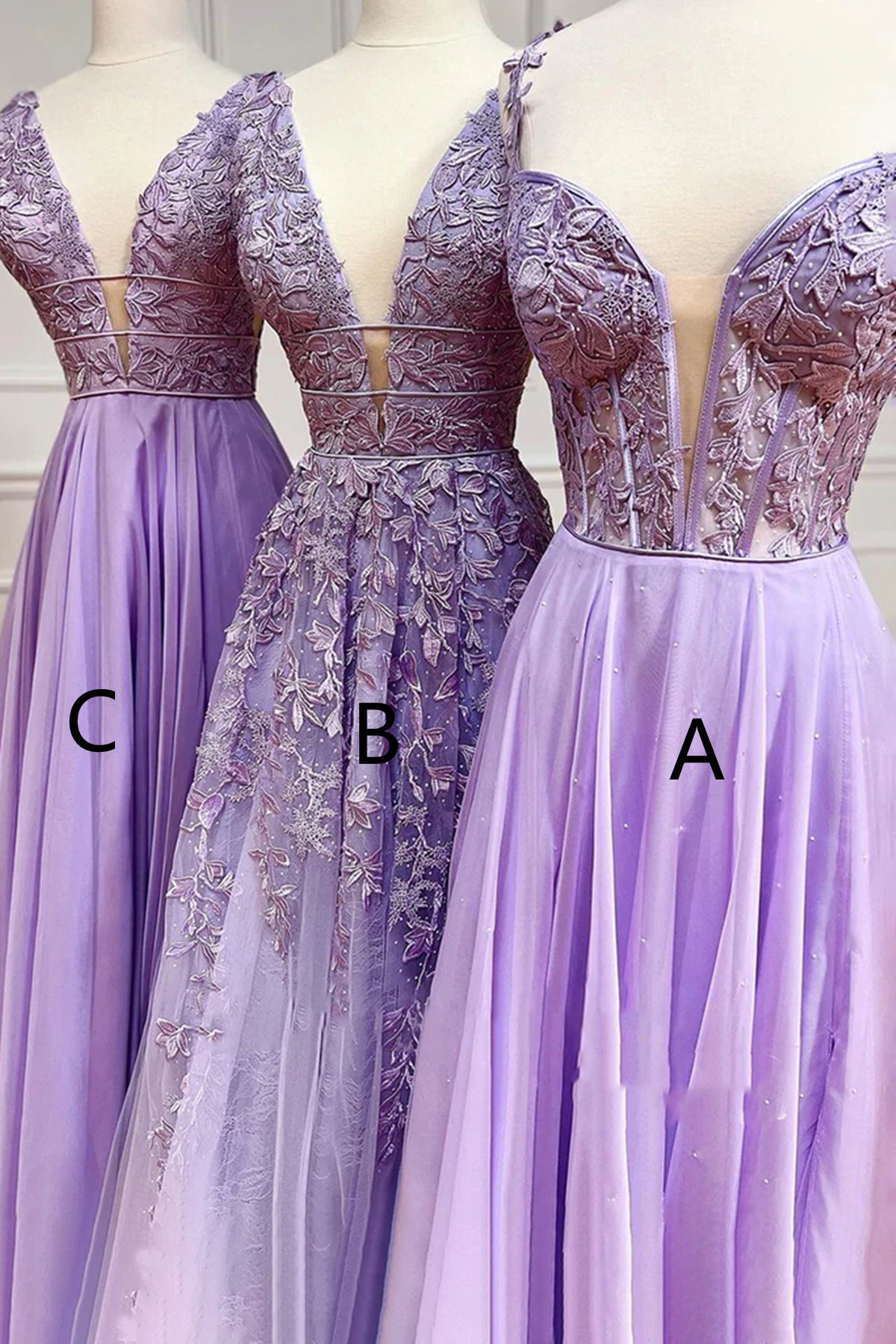 Langes A-Linien-Ballkleid mit V-Ausschnitt und Spitze aus Chiffon in Lila