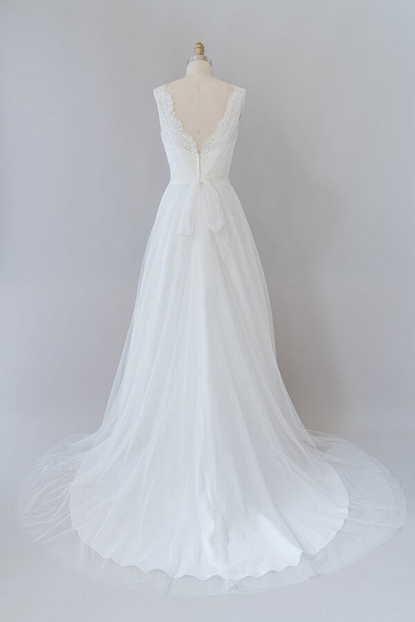 Robe de mariée longue en tulle dentelle, dos nu, ligne A, col en V