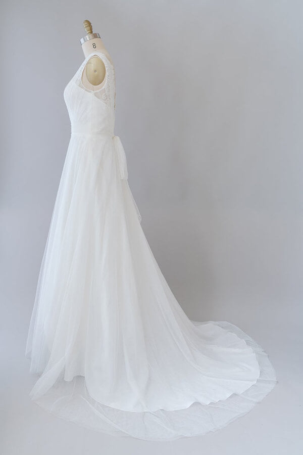 Robe de mariée longue en tulle dentelle, dos nu, ligne A, col en V