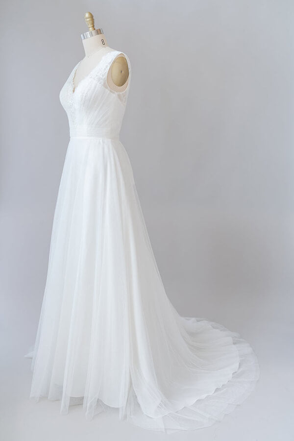 Robe de mariée longue en tulle dentelle, dos nu, ligne A, col en V