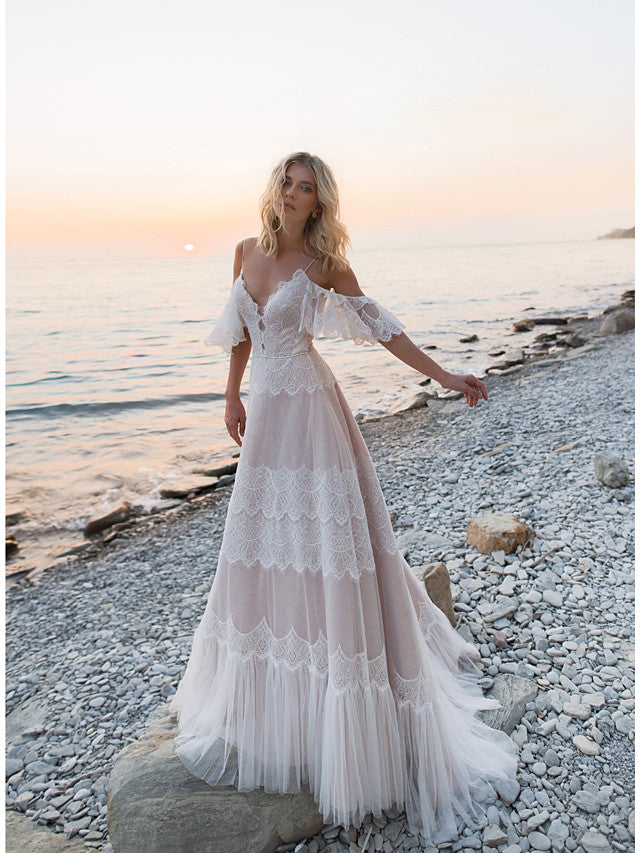 Robes de mariée longues en ligne A avec col en V, dentelle, tulle, dos nu et manches
