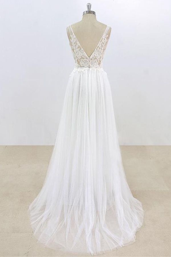 Robe de mariée longue en tulle à dentelle, coupe évasée, col en V, dos ouvert