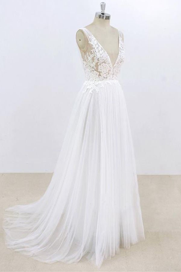 Robe de mariée longue en tulle à dentelle, coupe évasée, col en V, dos ouvert