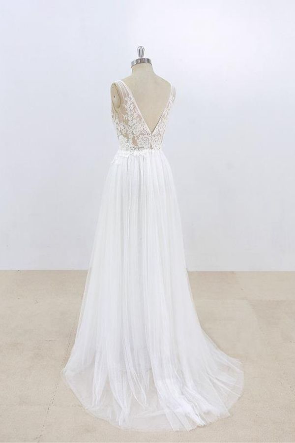 Robe de mariée longue en tulle à dentelle, coupe évasée, col en V, dos ouvert