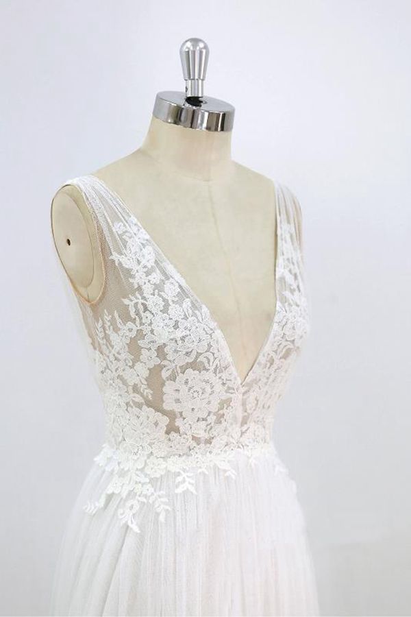 Robe de mariée longue en tulle à dentelle, coupe évasée, col en V, dos ouvert