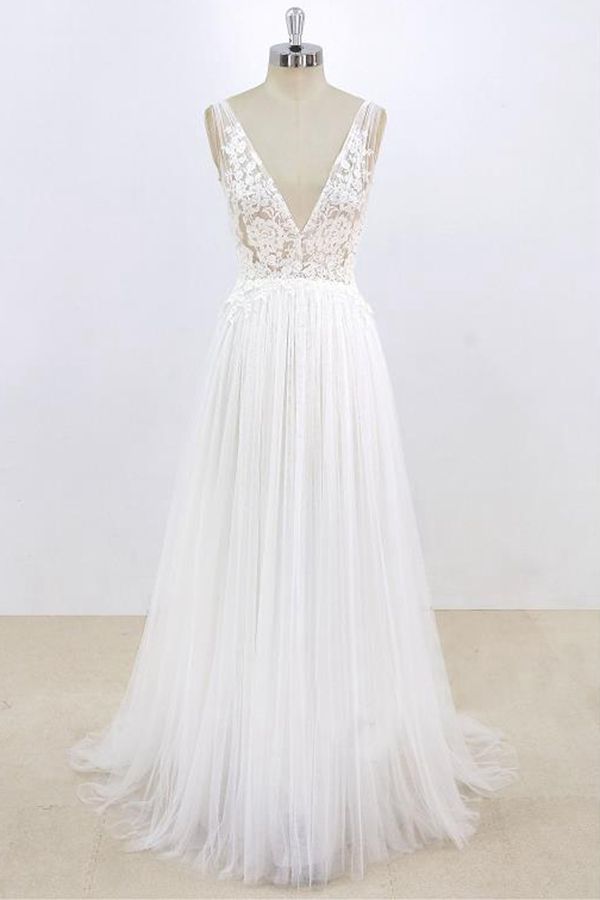 Vestido de novia largo de tul con escote en V y encaje en forma de A con espalda abierta