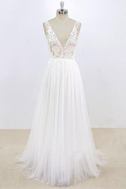Vestido de novia largo de tul con escote en V y encaje en forma de A con espalda abierta