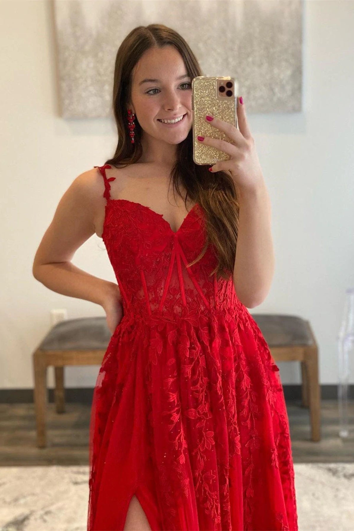 Long A Line V Neck Lace Tulle Prom Dresses with Slit Red Formal Graduation Evening Dresses