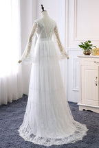 Robe de mariée longue en tulle avec dentelle, en ligne A, col en V, à manches