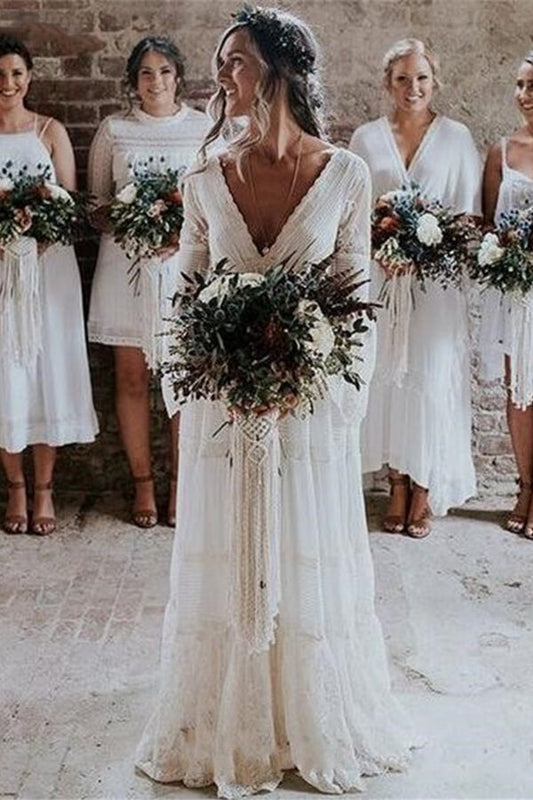 Langes A-Linien-Brautkleid mit V-Ausschnitt, Spitze und Tüll