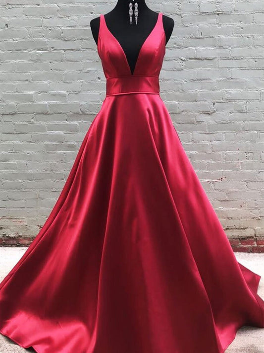 Lange A-Linie V-Ausschnitt Ballkleider Satin Formelle Abendkleider
