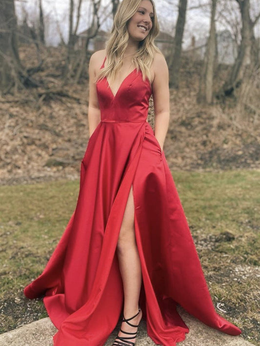 Long A Line V Neck Satin Front Slit Formal Graduation Prom Dresses with Pockets