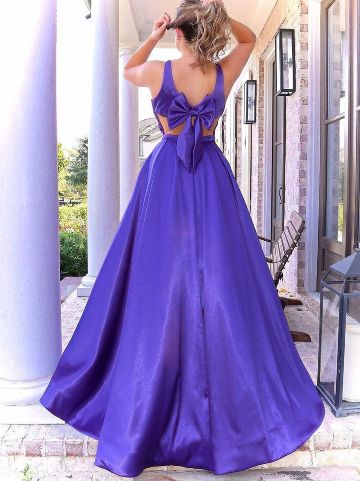 Long A Line V Neck Satin Prom Dress with Pockets Purple Formal Graduation Evening Dresses