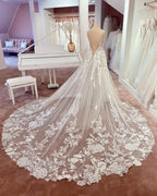Robes de mariée bohèmes longues en tulle à dentelle florale, sans manches, col en V, coupe évasée