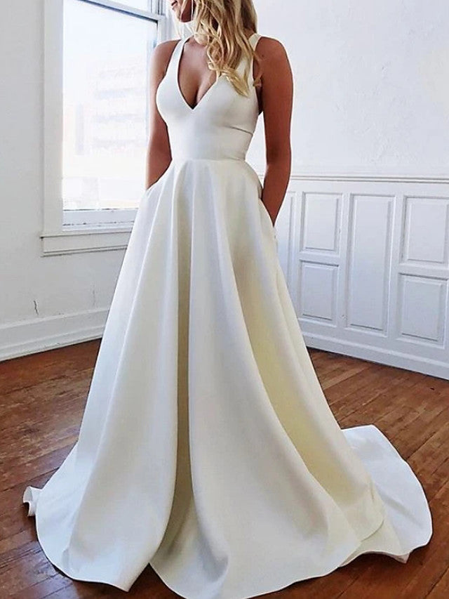 Robes de mariée longues en satin extensible, ligne A, décolleté en V, dos nu avec poches