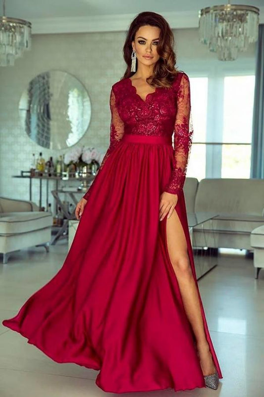 Long A-line V-neck Stretch Satin Long Sleeves Prom Dress with Slit
