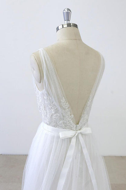 Long A-line V-neck Sweetheart Ruffle Applqiues Tulle Backless Wedding Dress