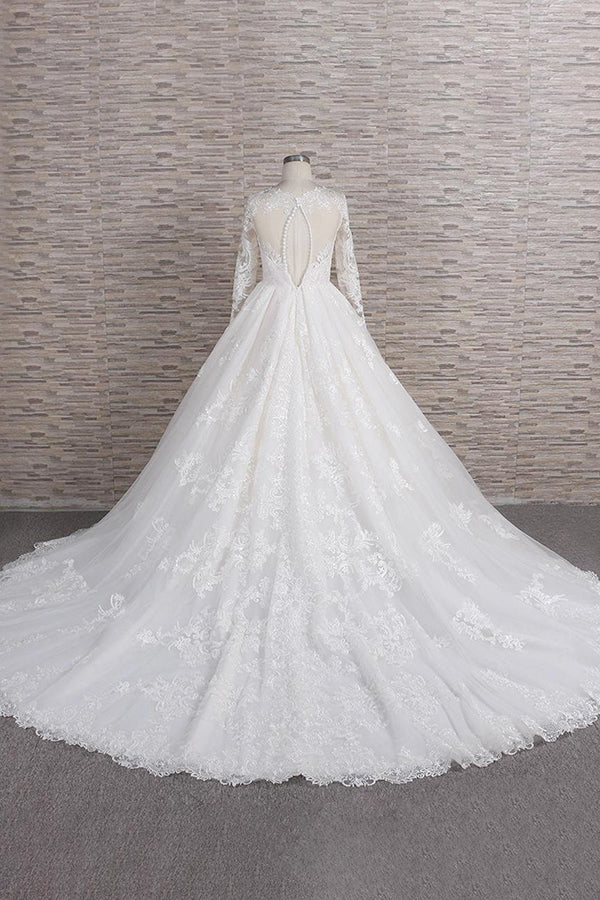 Robe de mariée longue en tulle à jupe évasée, col en V, ornée d'appliques en dentelle avec manches