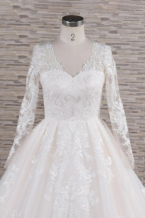 Robe de mariée longue en tulle à jupe évasée, col en V, ornée d'appliques en dentelle avec manches