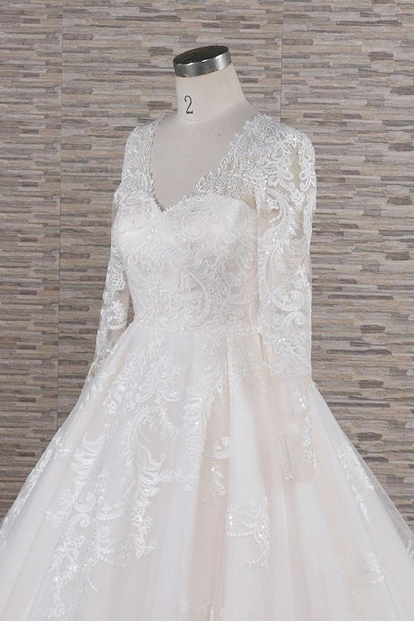 Robe de mariée longue en tulle à jupe évasée, col en V, ornée d'appliques en dentelle avec manches