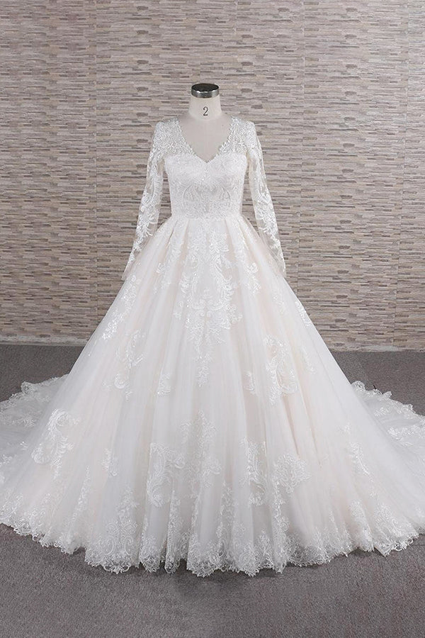 Robe de mariée longue en tulle à jupe évasée, col en V, ornée d'appliques en dentelle avec manches