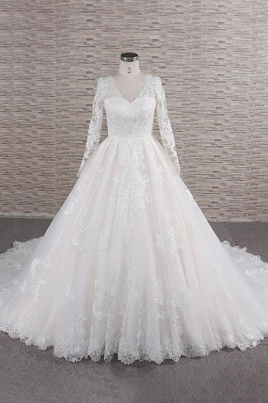 Langes A-Linien-Brautkleid mit V-Ausschnitt, Tüllapplikationen und Spitze und Ärmeln