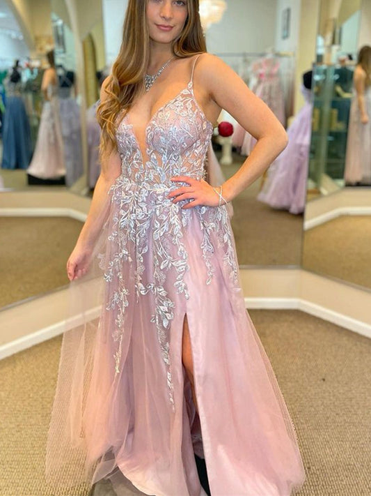 Long A-line V-neck Tulle Front Slit Formal Prom Dress with Lace Appliques