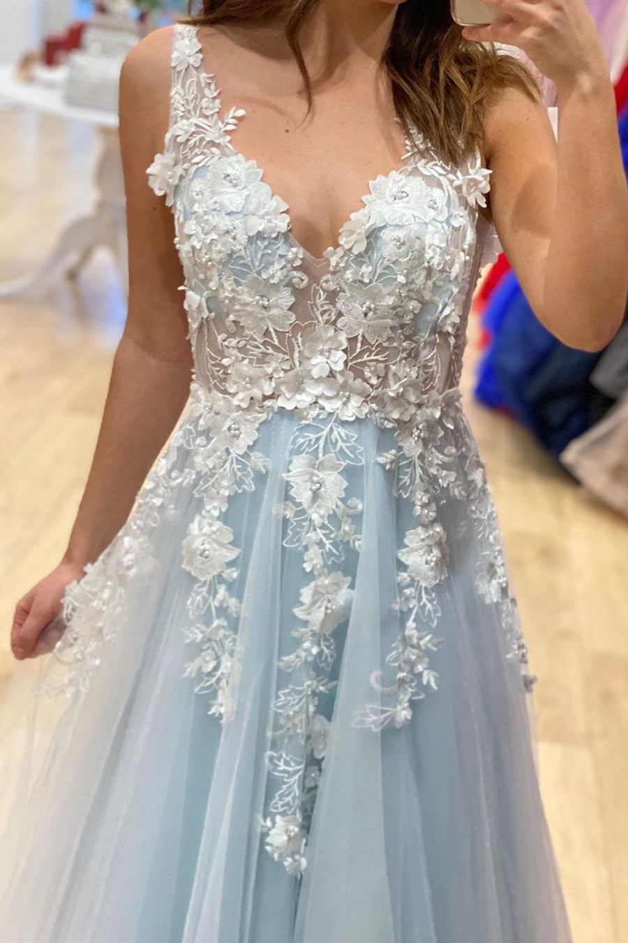 Long A Line V Neck Tulle Lace 3D Flowers Formal Graduation Prom Dresses